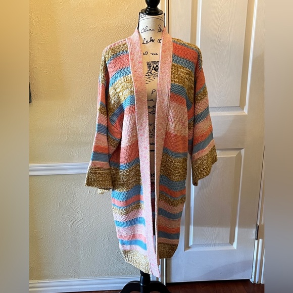 Anthropologie Textured Striped Open Front Cardigan Pink Multi One Size OS NWT - Picture 2 of 8